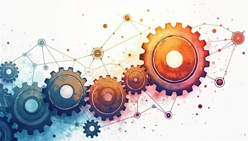 Network of gears illustrating the role of APIs in driving innovation and process streamlining.