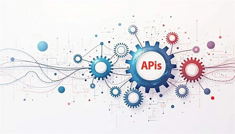 Conceptual image depicting API integration in business, highlighted by interconnected gears and data streams.